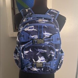Pottery Barn Kids Mackenzie small backpack with a blue shark pattern